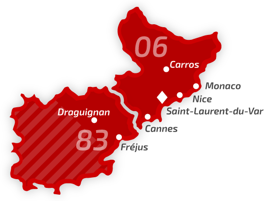 Carte de deux départements : Var et Alpes Maritimes avec écriture grise et une partie du département du Var hachuré