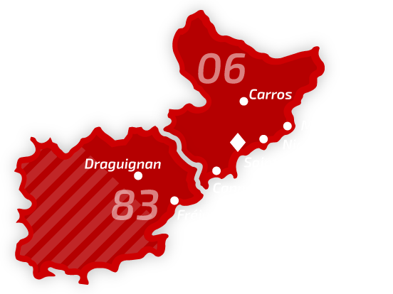 Carte de deux départements : Var et Alpes Maritimes avec écriture blanche et une partie du département du Var hachuré